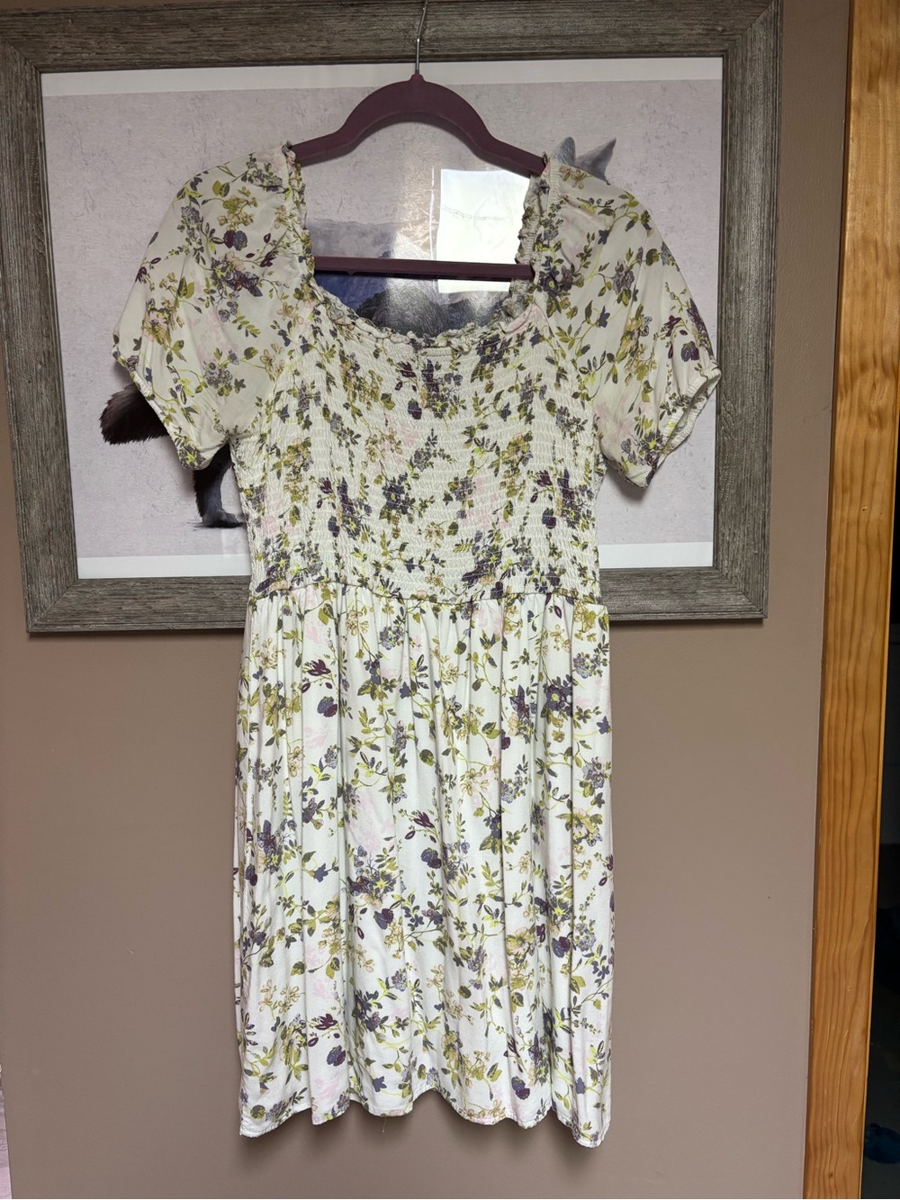 art class White Floral Smocked Short Sleeve Dress with Green and Purple Print